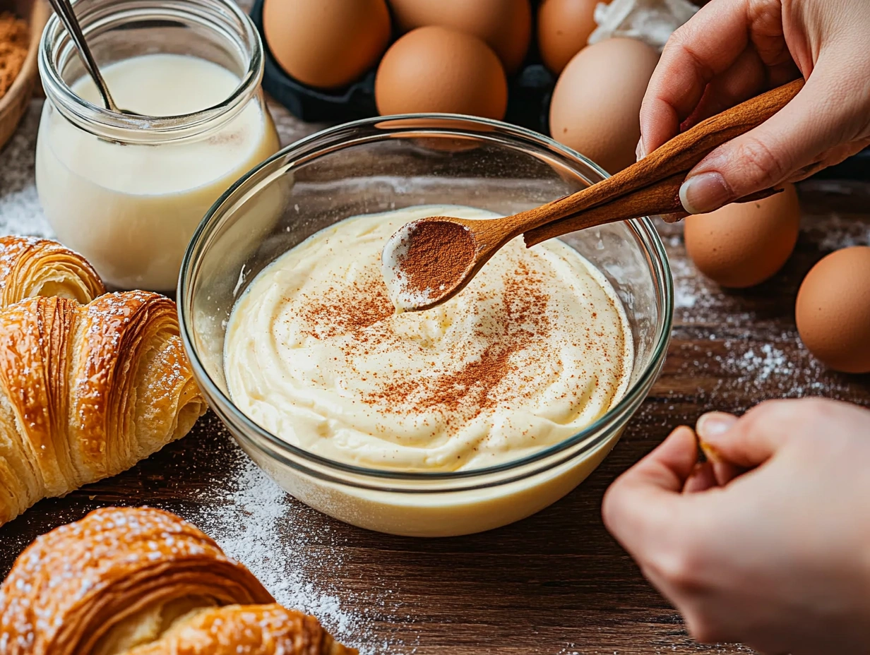 Ingredients for croissant French toast bake with custard preparation.