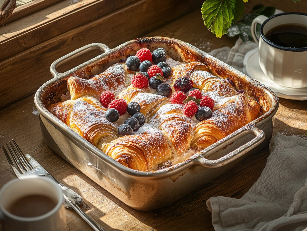 Golden croissant French toast bake with powdered sugar and berries.