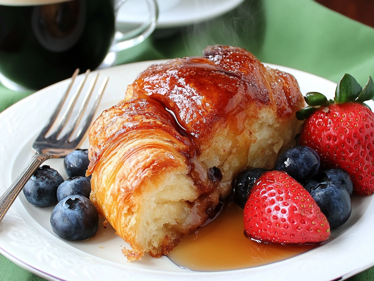 Served croissant French toast bake with berries and maple syrup.