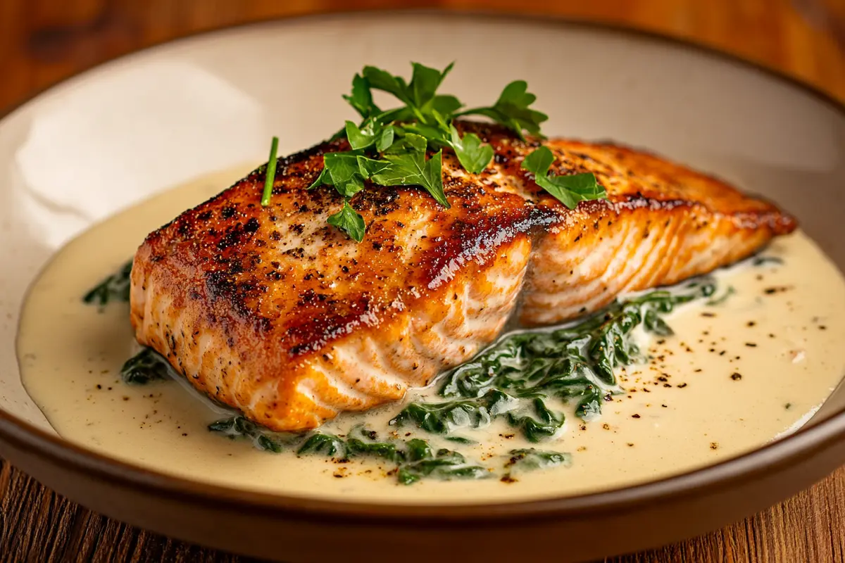 Plated salmon spinach recipe with creamy sauce on a wooden table.