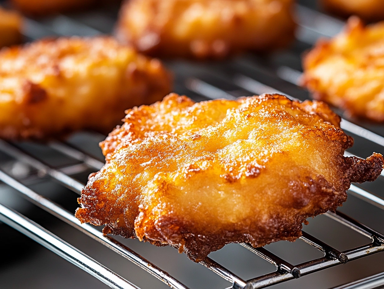 Apple fritter cooling on a wire rack.