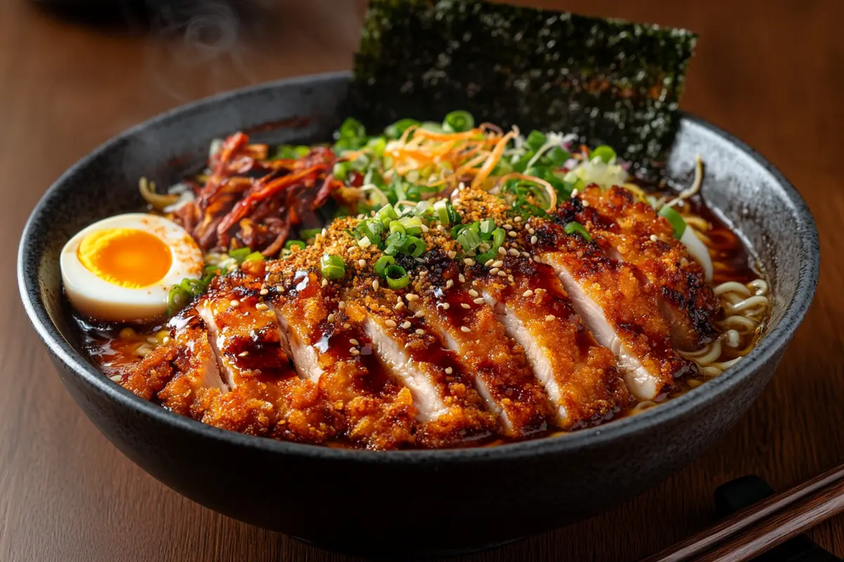 Steaming bowl of chicken katsu ramen with crispy chicken and vibrant garnishes.