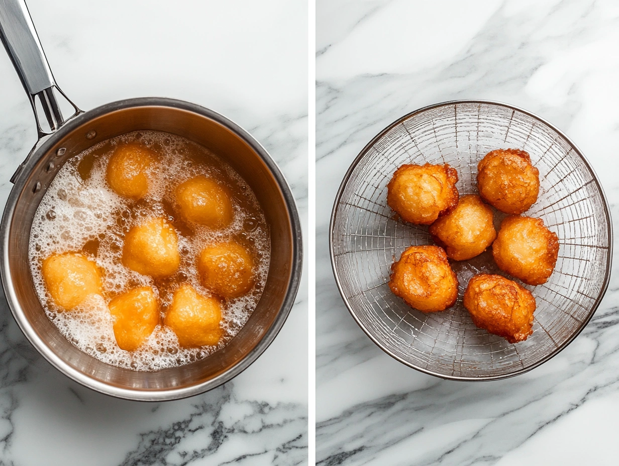 Frying apple fritters in hot oil.