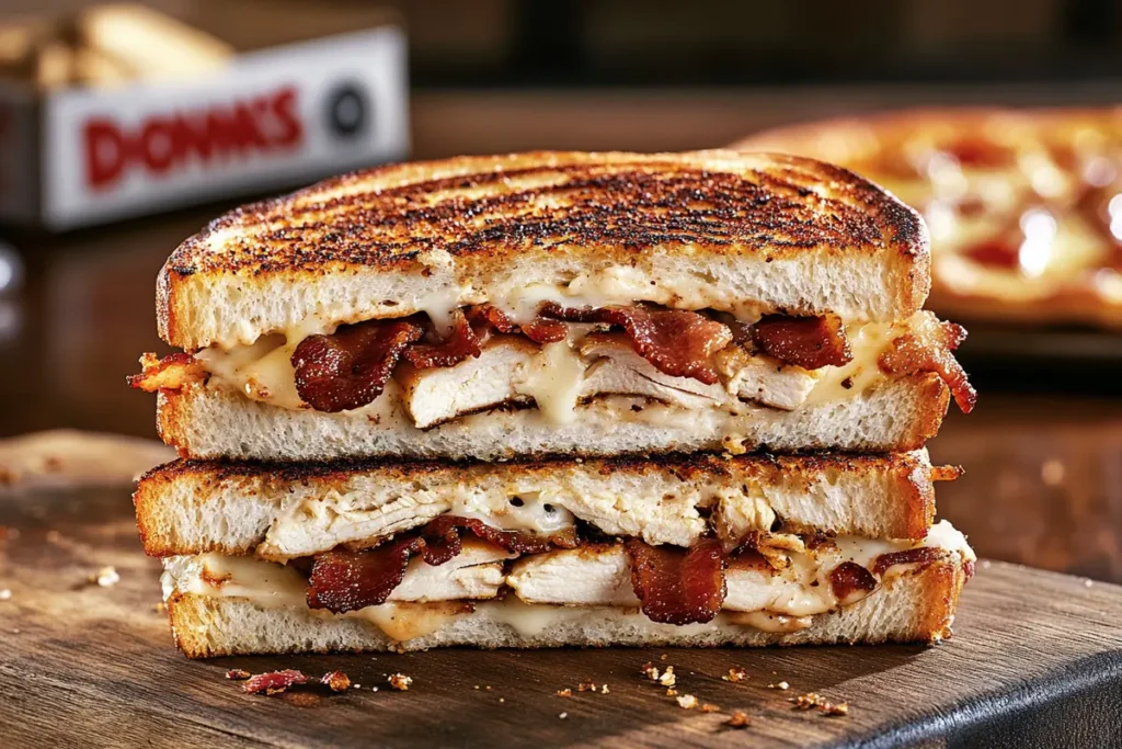 A close-up of Domino’s Chicken Bacon Ranch Sandwich showcasing its layers of chicken, bacon, cheese, and ranch.