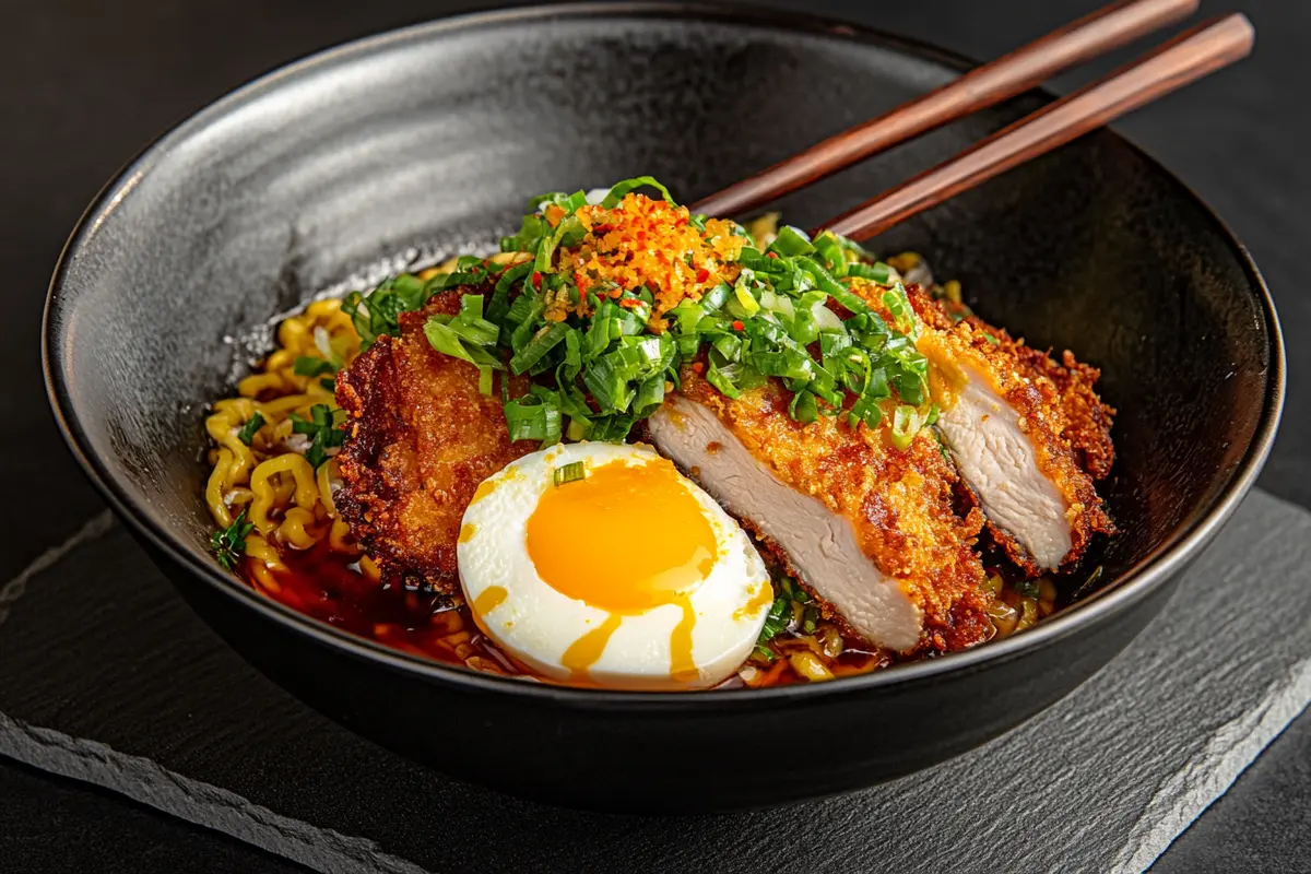 Beautifully plated chicken katsu ramen with garnishes and chili oil drizzle.