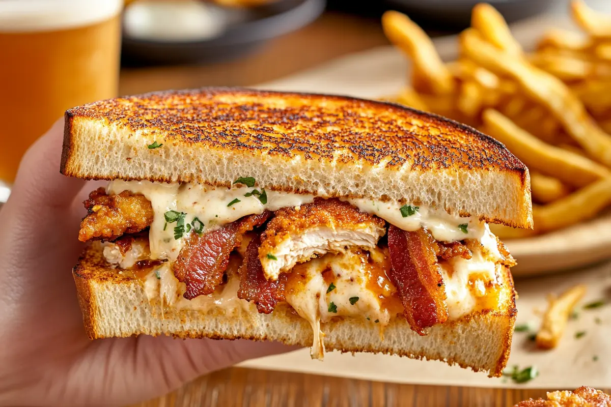 A person enjoying Domino’s Chicken Bacon Ranch Sandwich with melted cheese and toasted bread.