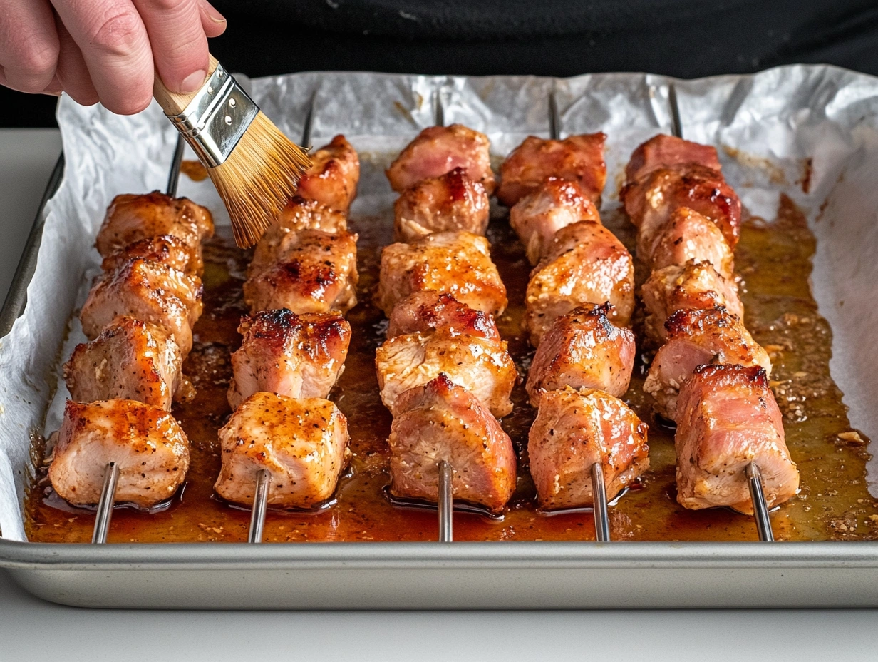 Preparing chicken skewers for baking in the oven.