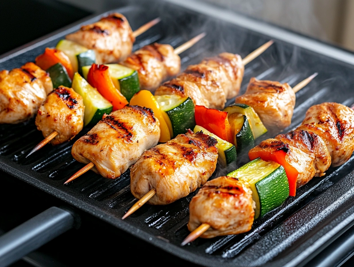 Chicken skewers cooking on a stovetop grill pan.