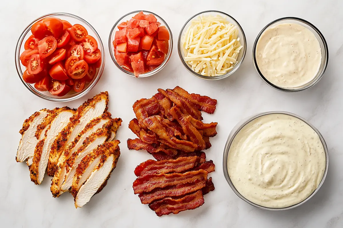 Ingredients of Domino’s Chicken Bacon Ranch Sandwich laid out on a white marble surface.