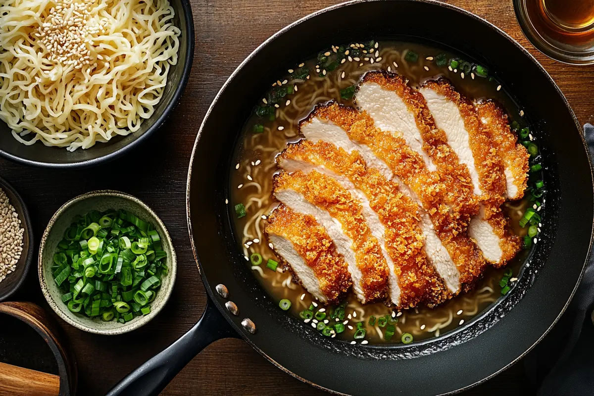 Step-by-step preparation of chicken katsu ramen with frying chicken and cooking noodles.