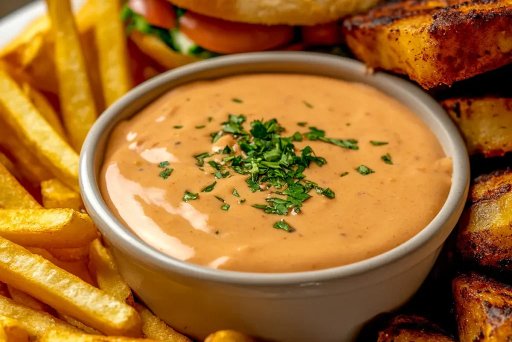 Bowl of mayo ketchup sauce garnished with parsley, surrounded by fries and tostones.