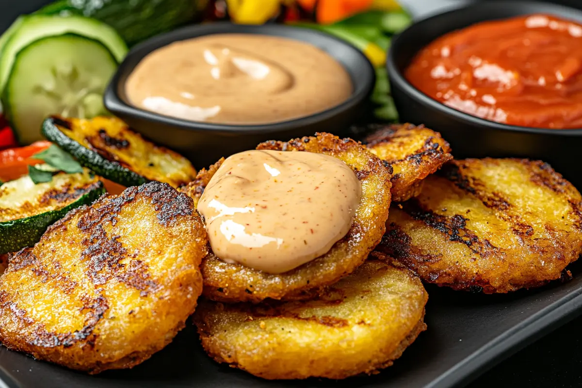 Mayo ketchup drizzled on tostones with dipping sauces and vegetables.