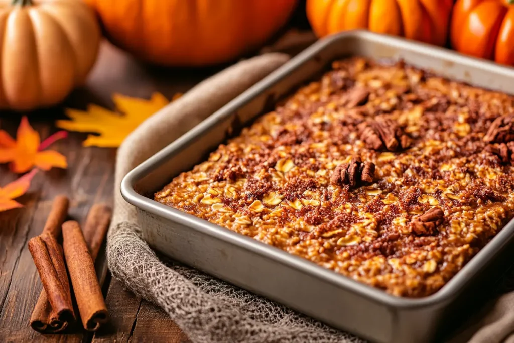 Pumpkin pie baked oats on a rustic countertop with fall decor.