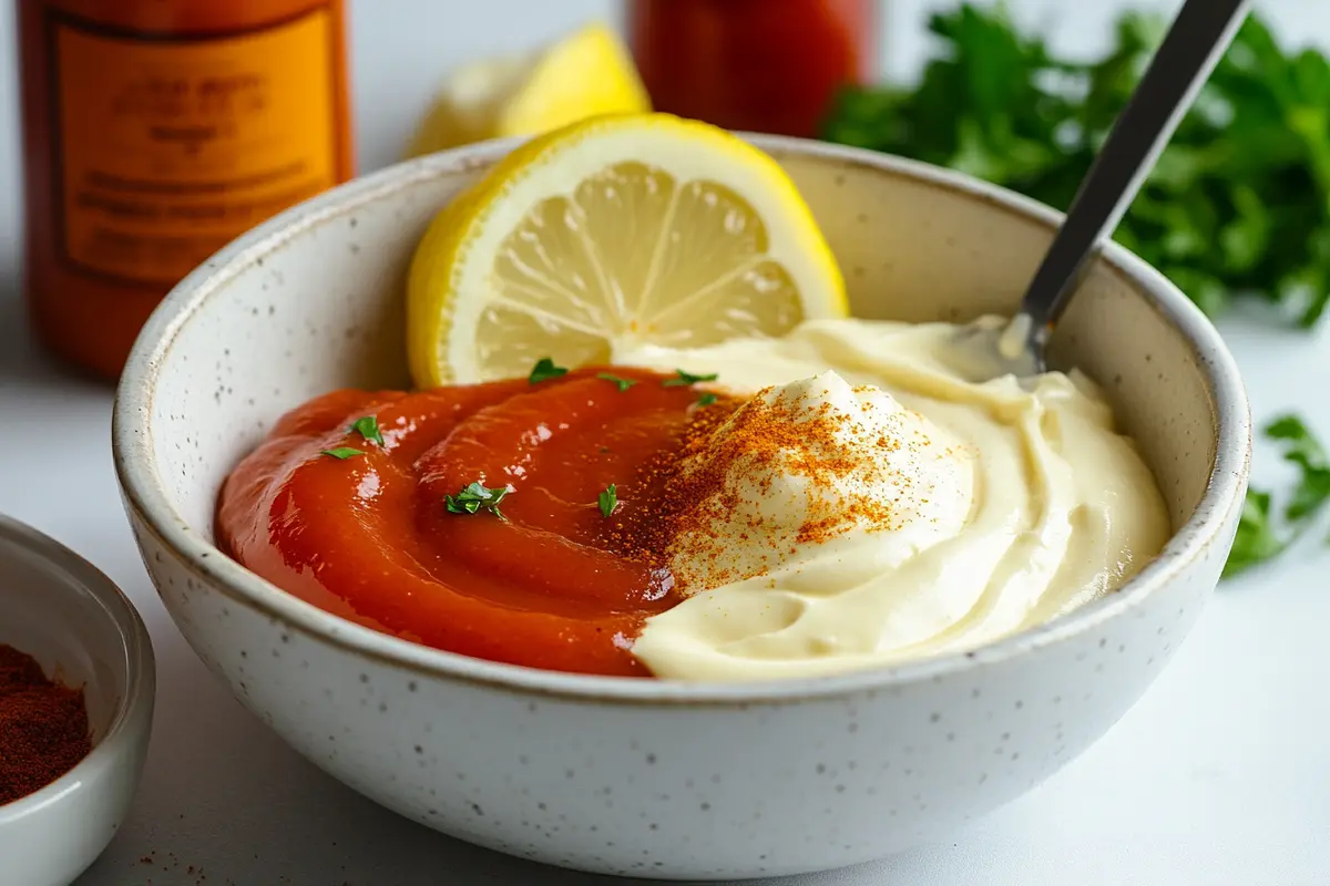 Step-by-step mayo ketchup preparation with ingredients and a whisk.