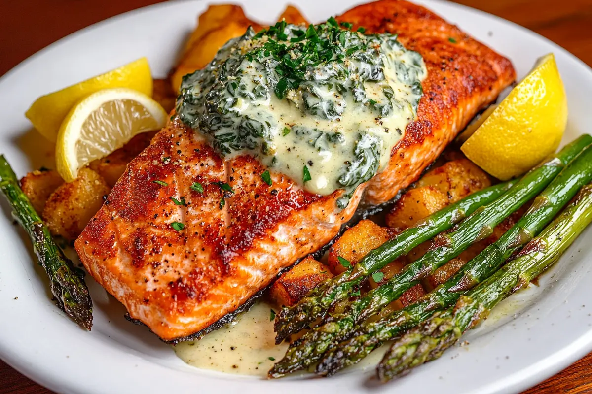 Salmon spinach recipe served with roasted asparagus and lemon.