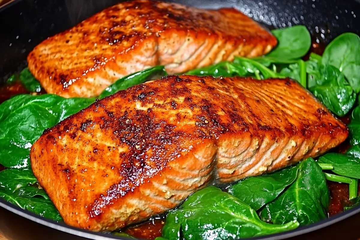 Cooking salmon fillets and spinach for a salmon spinach recipe.