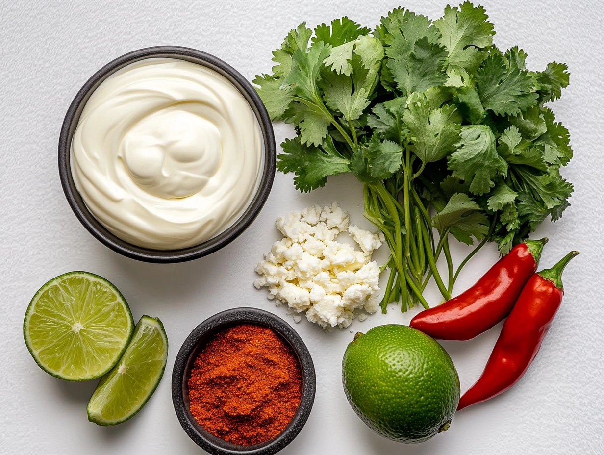 Key ingredients for elote sauce including mayonnaise, Cotija cheese, lime, and chili powder.