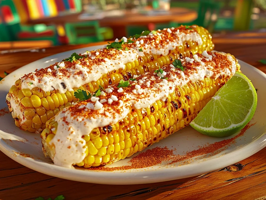 Grilled corn topped with creamy elote sauce, chili powder, Cotija cheese, and a lime wedge on a rustic table.