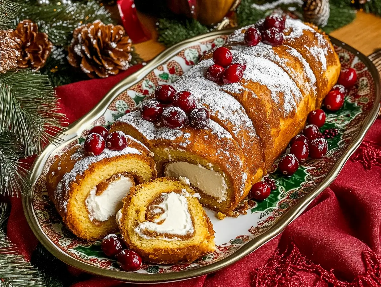 Decorated pumpkin roll with sugared cranberries on a holiday platter.