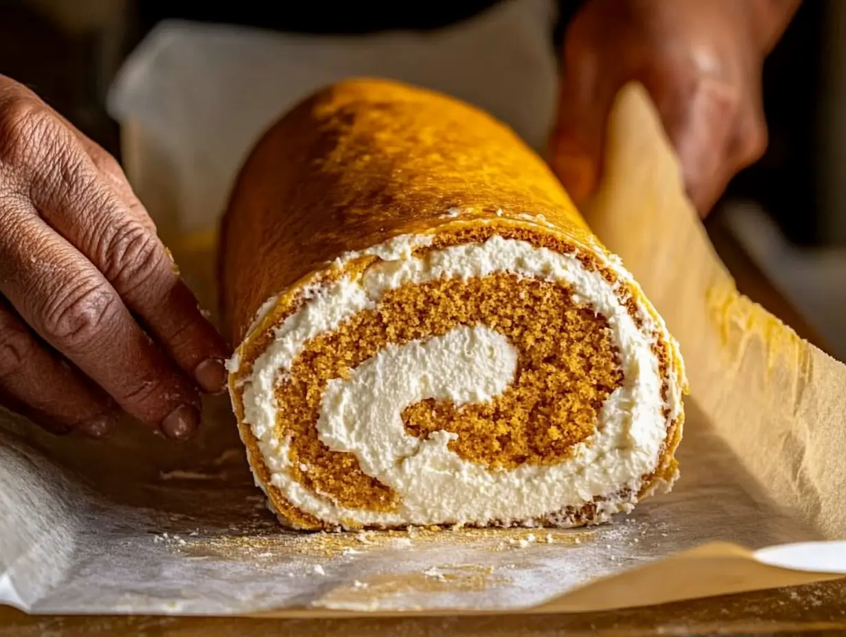 Step-by-step guide to rolling a pumpkin roll with cream cheese filling.