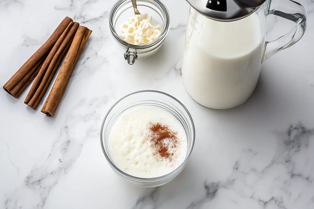 Handheld frother creating cold foam in a glass container.