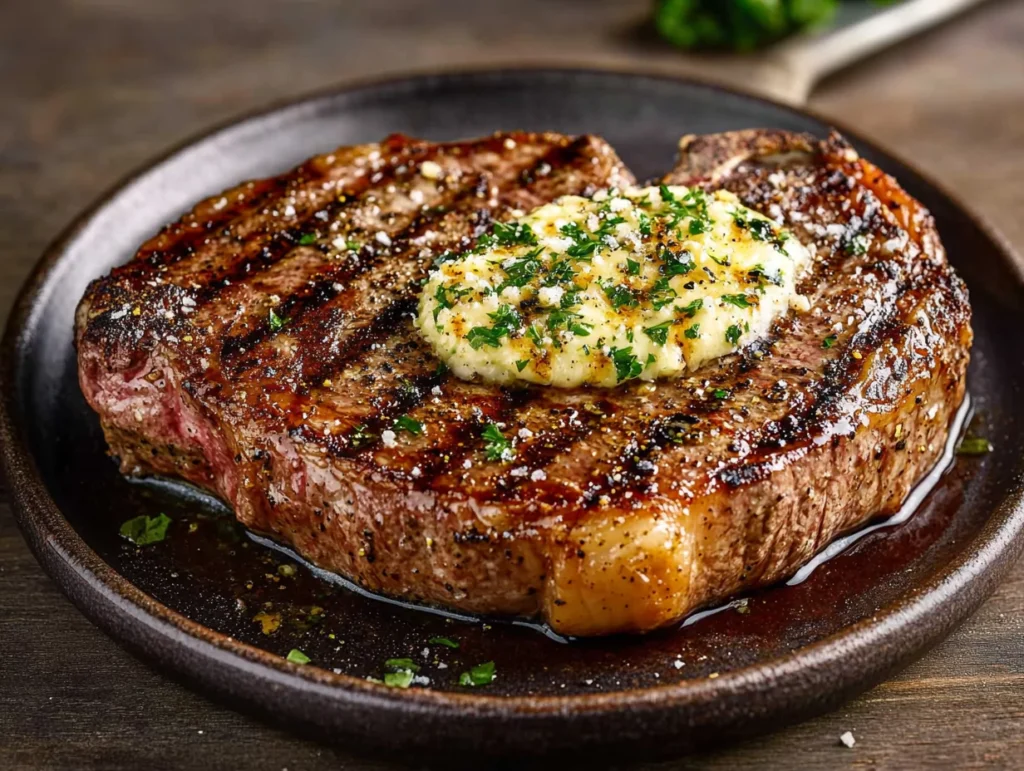 Grilled ribeye steak with garlic butter and garnished with parsley served on a black plate.