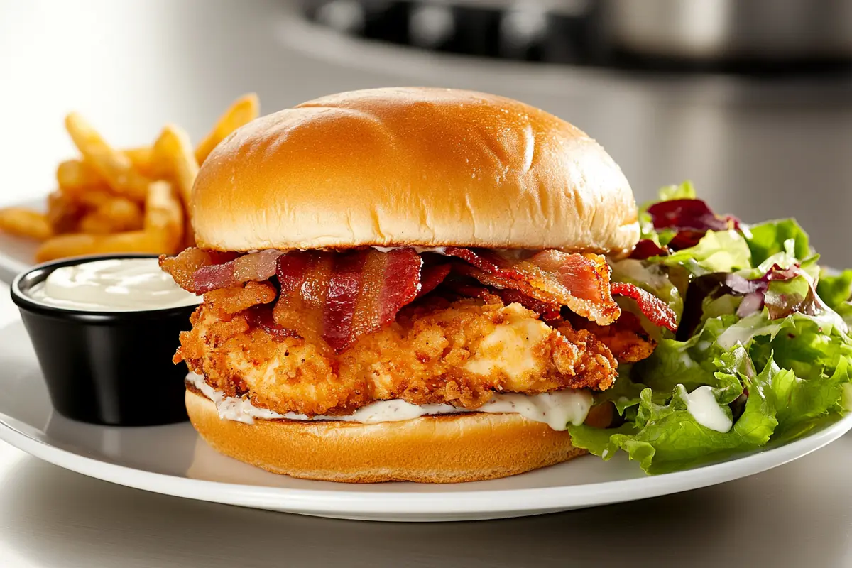 Chicken bacon ranch sandwich served with a fresh salad and ranch dressing.