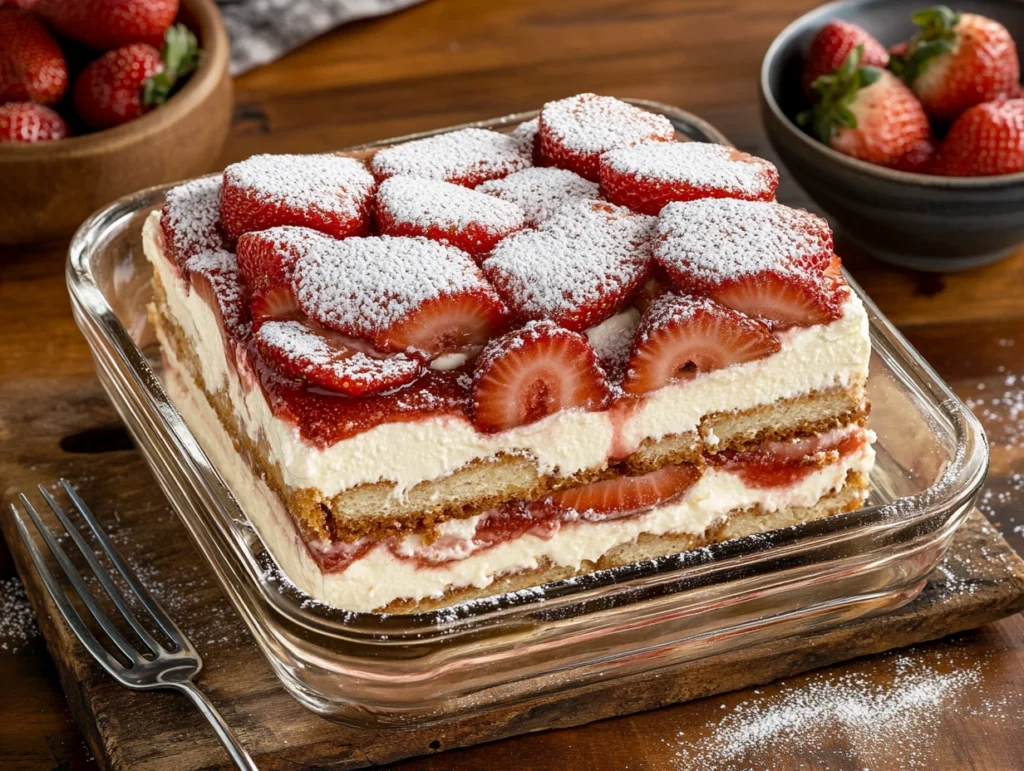Strawberry tiramisu with fresh strawberries and mascarpone layers