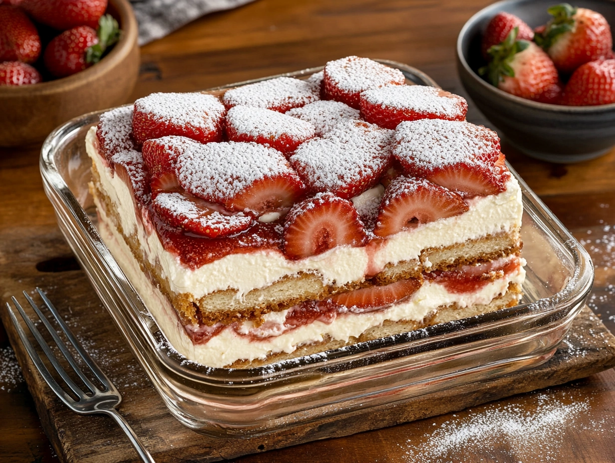 Strawberry tiramisu with fresh strawberries and mascarpone layers