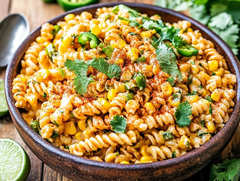 A vibrant bowl of Mexican Street Corn Pasta Salad garnished with cilantro and lime.