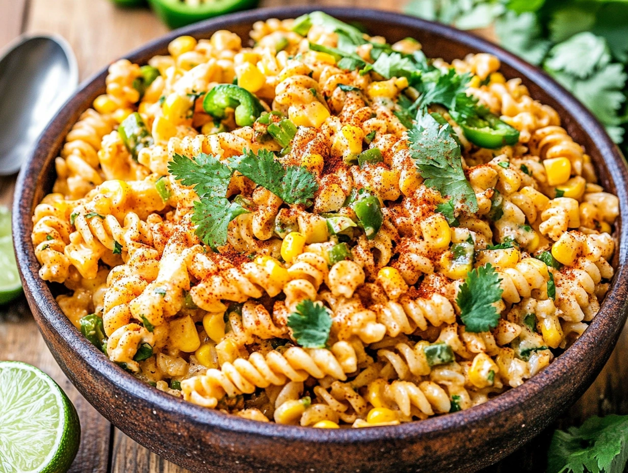 A vibrant bowl of Mexican Street Corn Pasta Salad garnished with cilantro and lime.