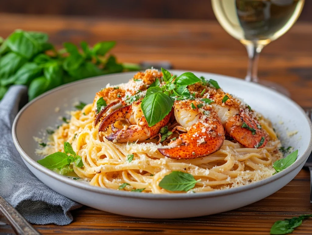 Lobster linguine garnished with basil and Parmesan on a rustic table