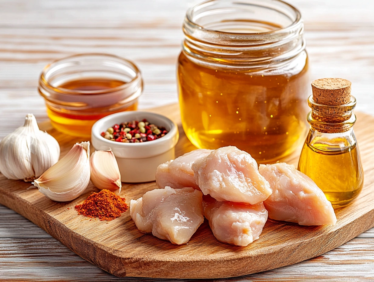 Fresh ingredients for hot honey chicken, including raw chicken tenders, minced garlic, hot honey, and a bottle of apple cider vinegar.