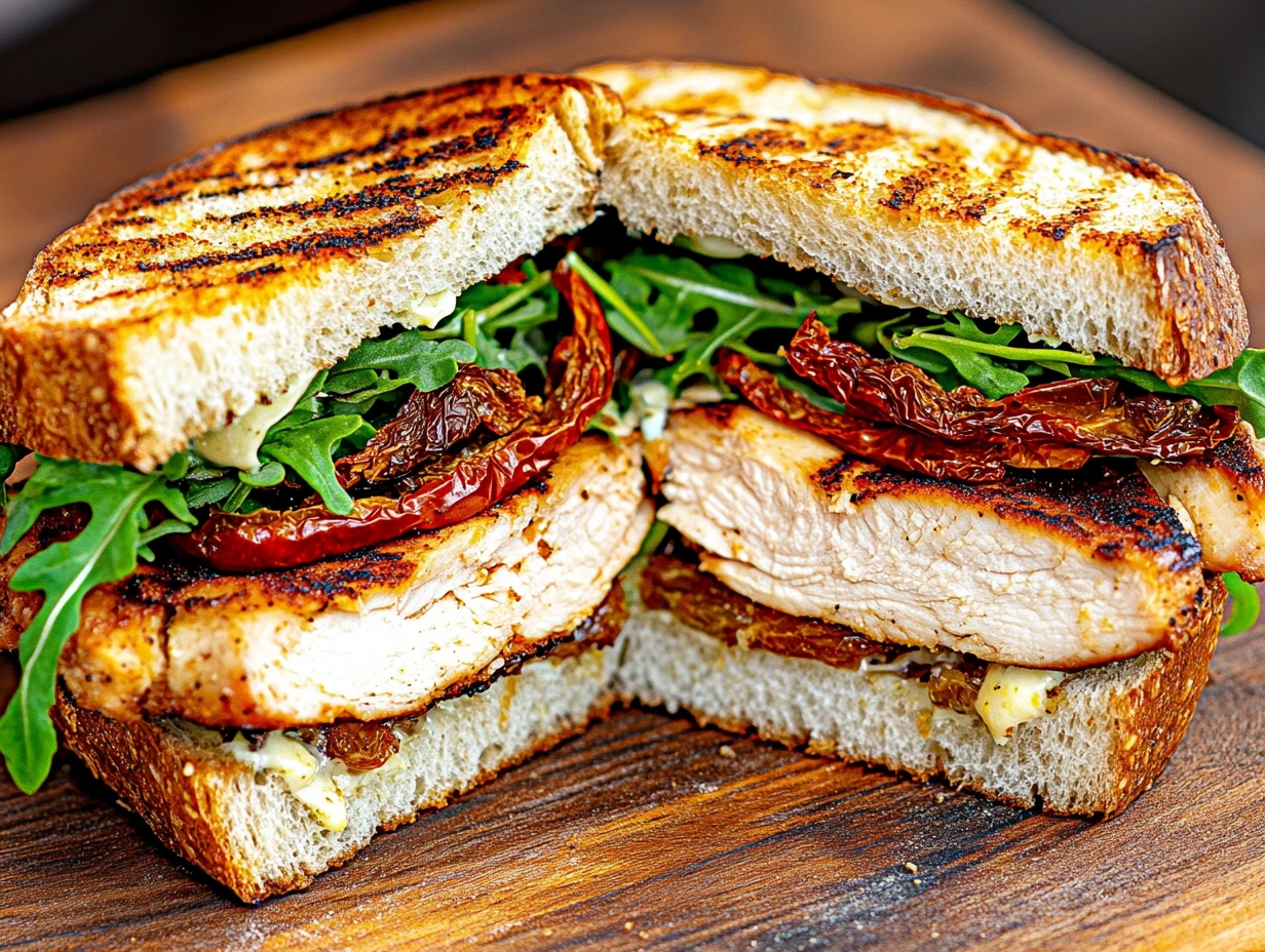 Sandwich with grilled chicken, sundried tomatoes, mozzarella, and fresh greens.