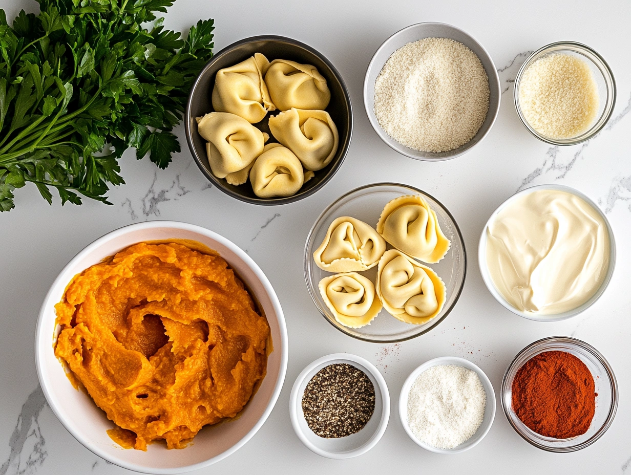 Ingredients for tortellini pumpkin pasta including tortellini, pumpkin puree, cream, and spices.