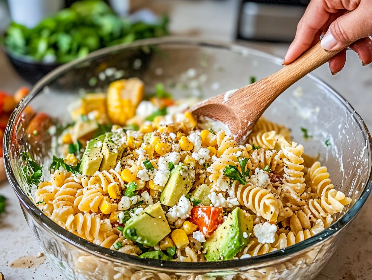 Mixing Mexican Street Corn Pasta Salad with dressing and ingredients.