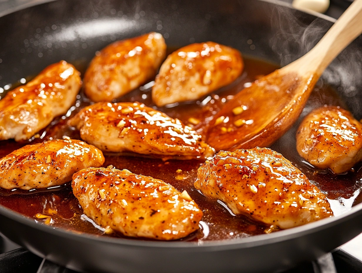 Chicken tenders cooking in a skillet with hot honey sauce, glistening with a glossy glaze and steam rising.