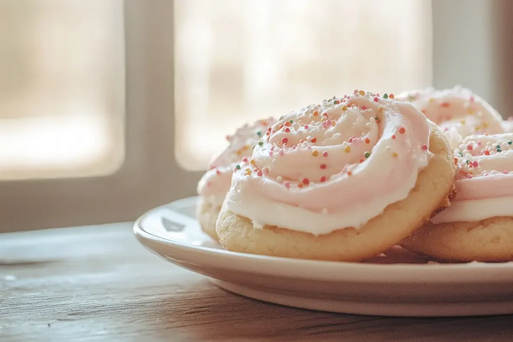 Plate of frosted sugar cookies with pink and white frosting on a rustic wooden table.