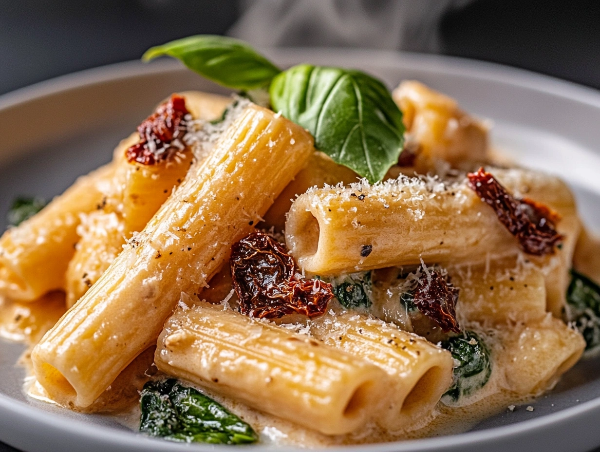 Creamy pasta topped with sundried tomatoes, spinach, and parmesan.