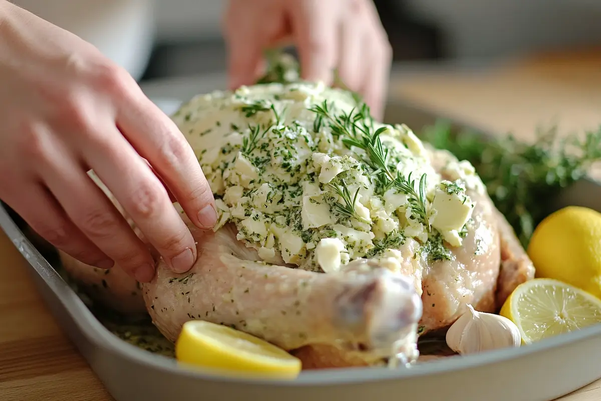 Hands rubbing herb butter on a raw turkey before placing it in an electric roaster.