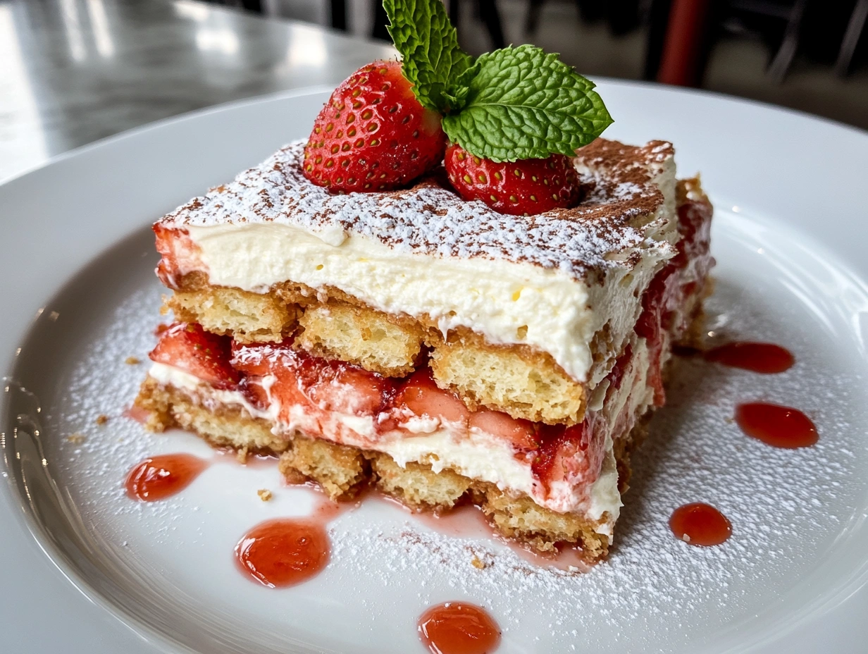 Close-up of a slice of strawberry tiramisu with layers