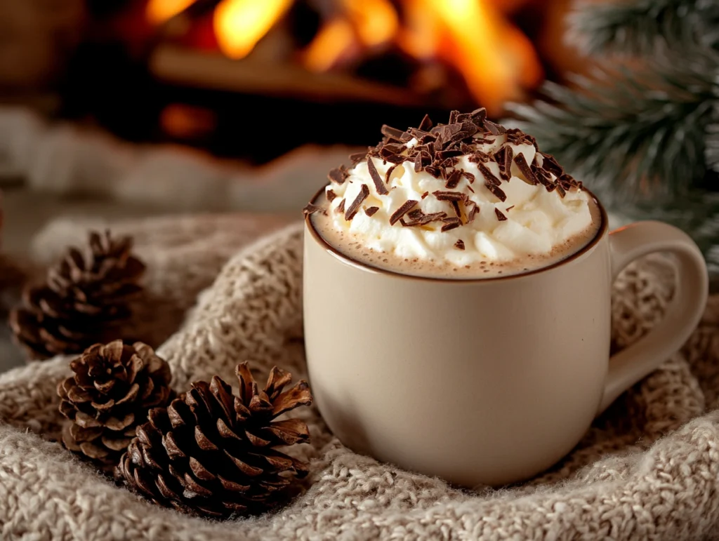 A steaming mug of creamy coconut milk hot chocolate with whipped cream.