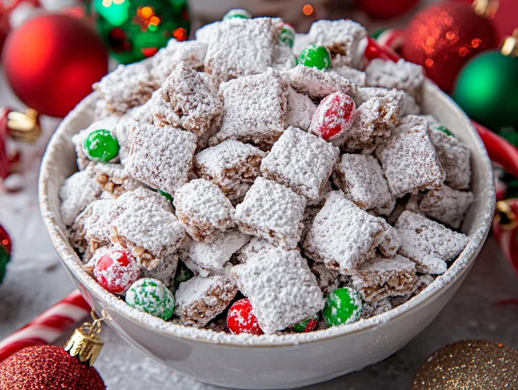 Festive Christmas Puppy Chow in a bowl with holiday decorations.