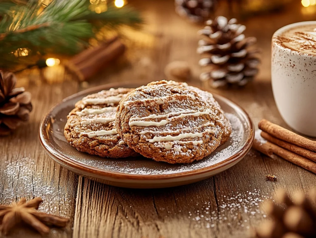 Festive gingerbread latte cookies with holiday decorations.