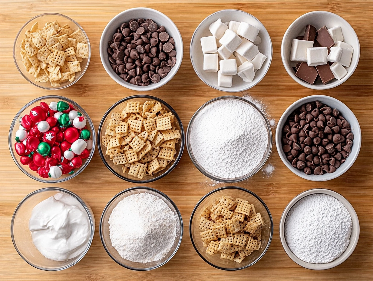 Ingredients for Christmas Puppy Chow recipe with cereal, chocolate, and sprinkles.