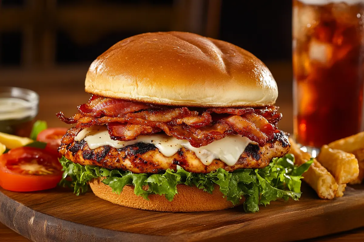 A chicken bacon ranch sandwich on a wooden board with fresh ingredients.