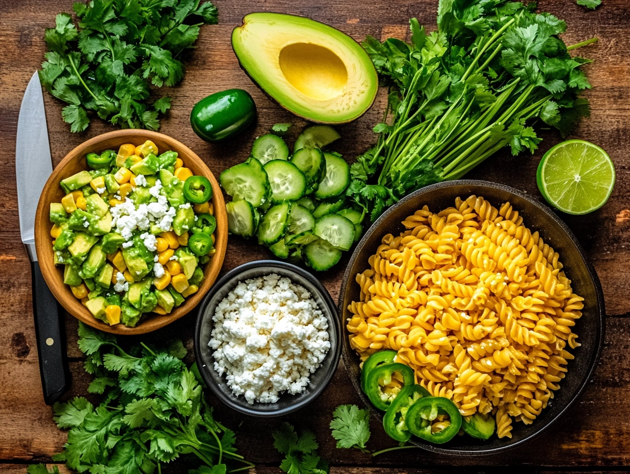 Ingredients for Mexican Street Corn Pasta Salad on a rustic table.