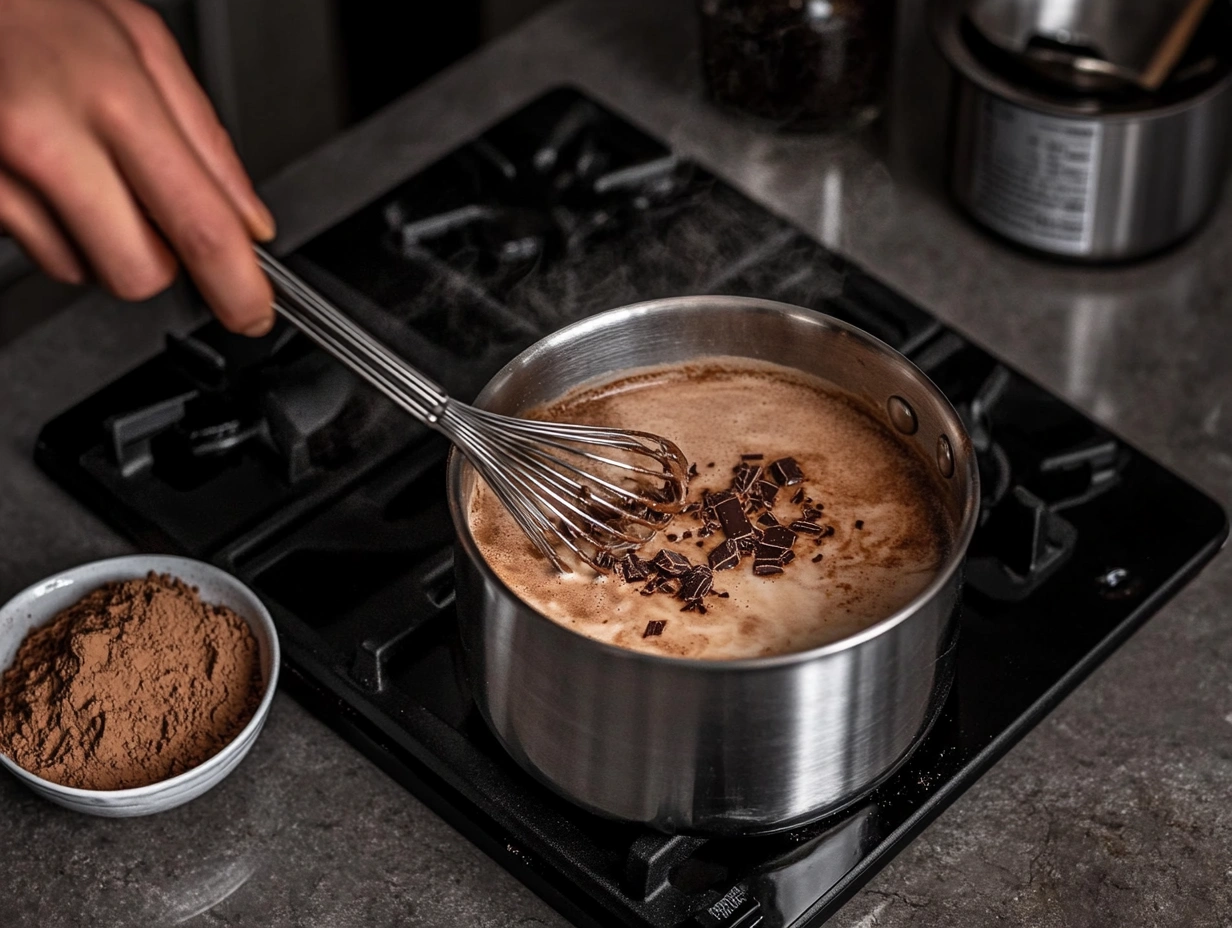 Coconut milk hot chocolate being whisked on a stovetop.