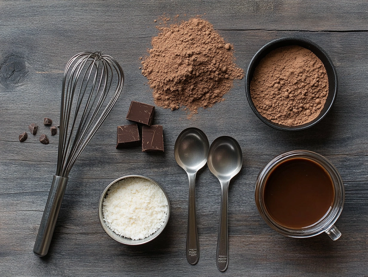 Ingredients for creamy coconut milk hot chocolate on a rustic table.