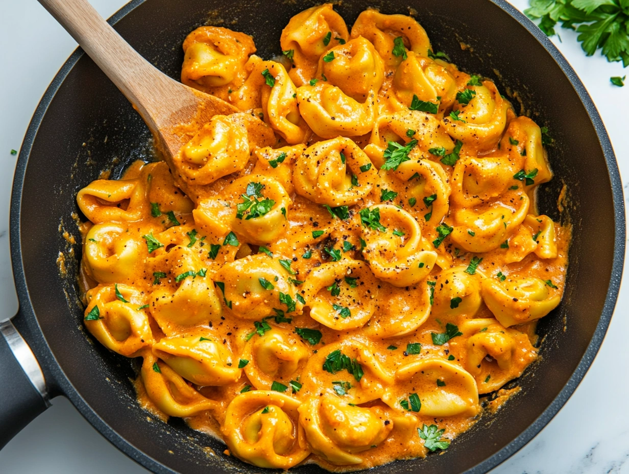 Cooking process of tortellini pumpkin pasta showing sauce preparation and garnished pasta.